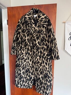 Topshop Black and Cream Leopard-Print Faux Fur Coat